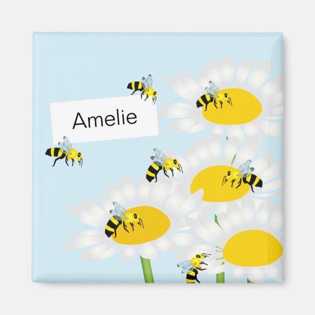 Bee on Flower Square Magnet - Blue Background (Front)