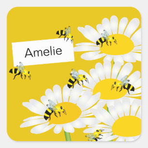 Bee on Flower Square Sticker - Yellow Background
