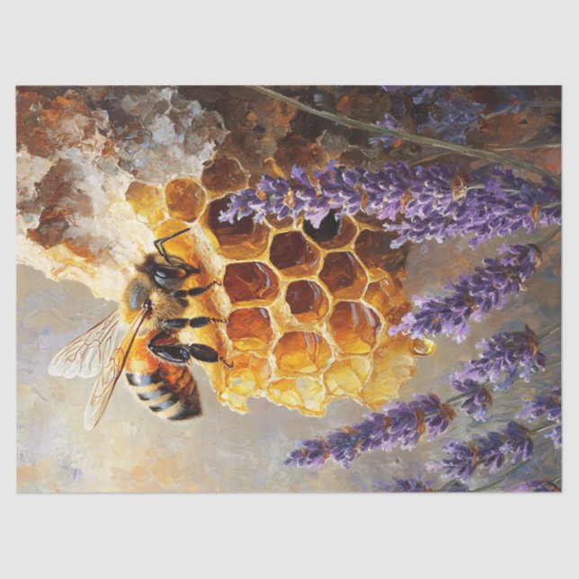 Bee on Honey Comb with Lavender Flowers Decoupage Tissue Paper (Front)