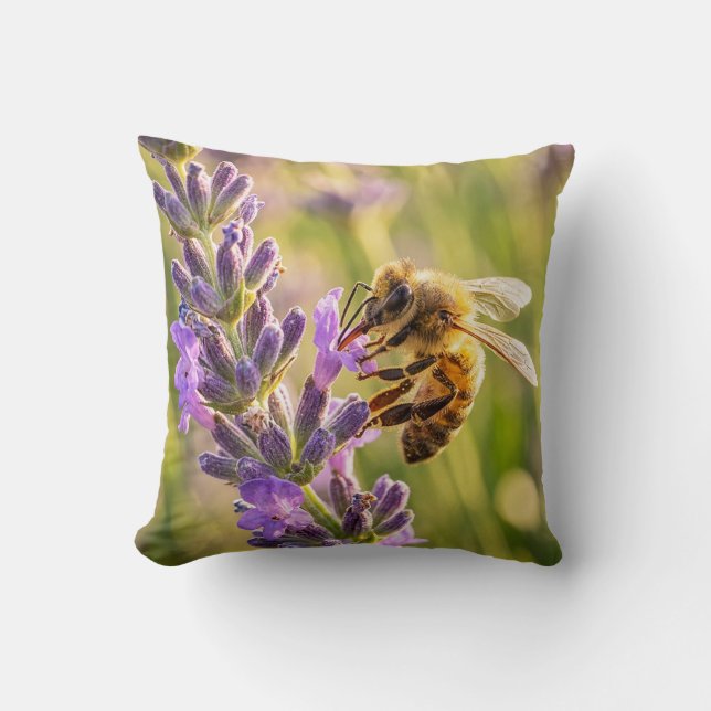 Bee on Lavender Throw Pillow (Front)
