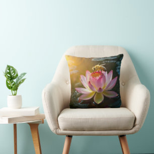 Bee on Lotus Flower Throw Pillow