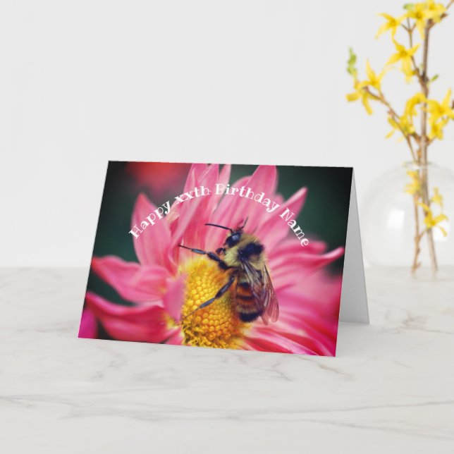 Bee On Pink Daisy Flower Personalized Birthday  Card (Yellow Flower)