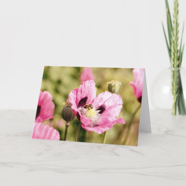 Bee On Pink Poppy Note  Card (Front)