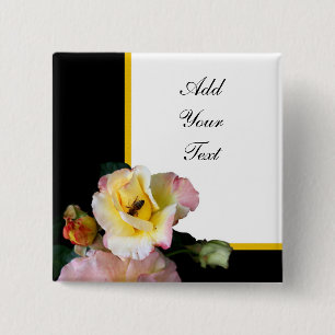Bee on Pink Yellow Roses Flowers 2 Inch Square Button