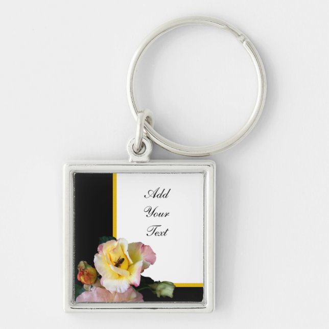 Bee on Pink Yellow Roses Flowers Keychain (Front)