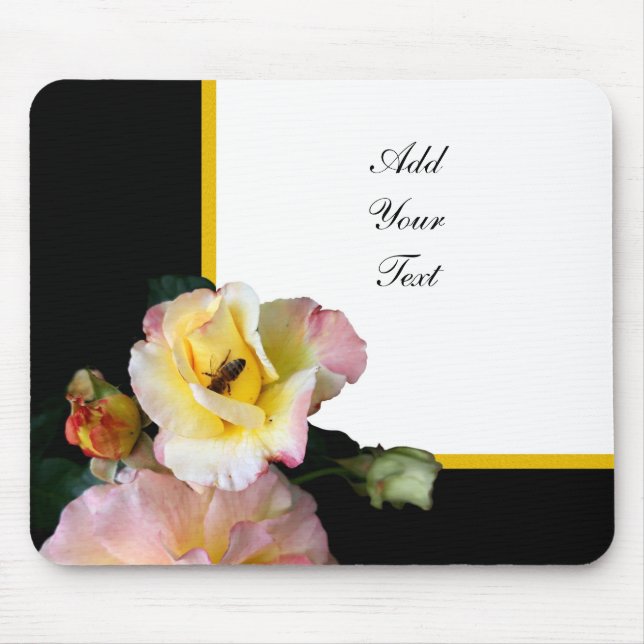 Bee on Pink Yellow Roses Flowers Mouse Pad (Front)