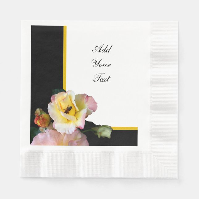 Bee on Pink Yellow Roses Flowers Napkin (Front)