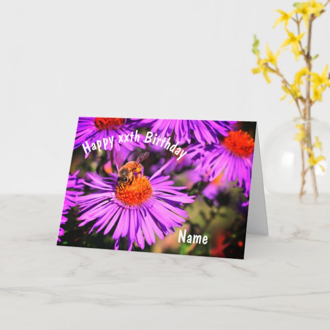 Bee On Purple Aster Flower Personalized Birthday  Card (Yellow Flower)