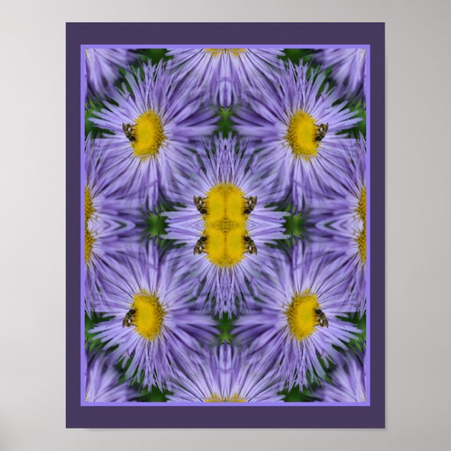 Bee On Purple Aster Flowers Nature Abstract Poster (Front)