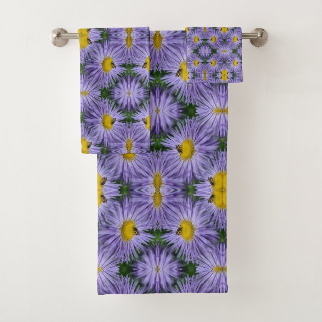 Bee On Purple Flowers Nature Abstract Bath Towel Set (Insitu)