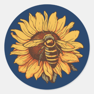 Bee on sunflower classic round sticker