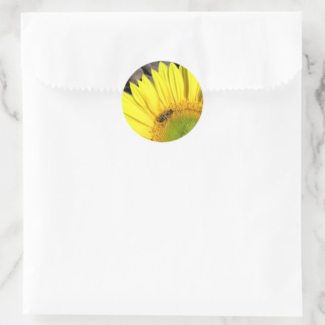 Bee On Sunflower Close Up Photograph Classic Round Sticker (Bag)