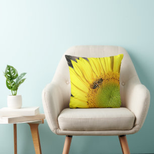Bee On Sunflower Close Up Photograph Throw Pillow
