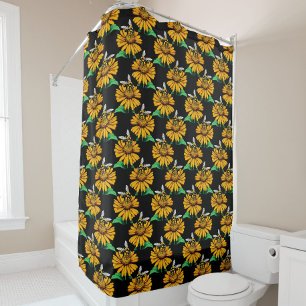 Bee on Sunflower Flower Pattern Design Black 