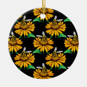 Bee on Sunflower Flower Pattern Design Black  Ceramic Ornament