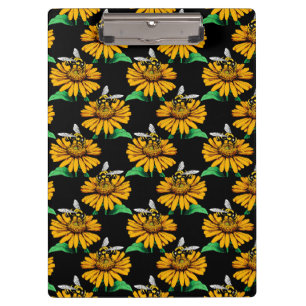 Bee on Sunflower Flower Pattern Design Black  Clipboard