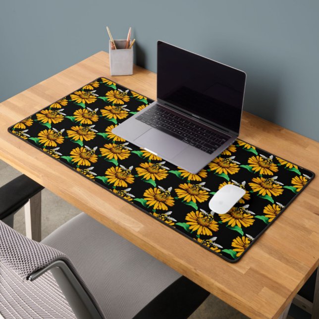 Bee on Sunflower Flower Pattern Design Black  Desk Mat (Creator Uploaded)