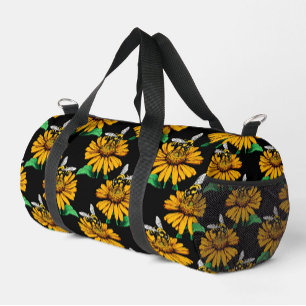Bee on Sunflower Flower Pattern Design Black Duffle Bag