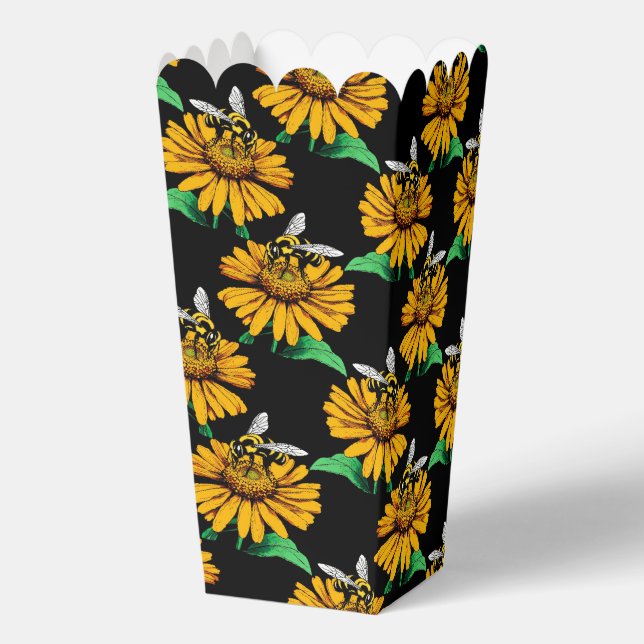 Bee on Sunflower Flower Pattern Design Black  Favor Box (Back)