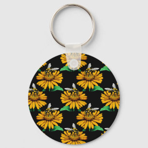 Bee on Sunflower Flower Pattern Design Black Keychain