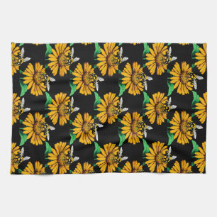 Bee on Sunflower Flower Pattern Design Black Kitchen Towel