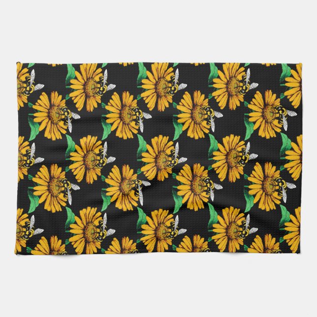 Bee on Sunflower Flower Pattern Design Black  Kitchen Towel (Horizontal)