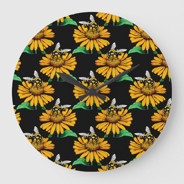 Bee on Sunflower Flower Pattern Design Black  Large Clock (Front)