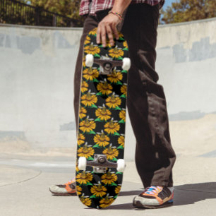 Bee on Sunflower Flower Pattern Design Black Skateboard