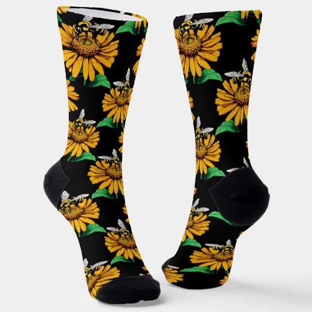 Bee on Sunflower Flower Pattern Design Black  Socks (Creator Uploaded)