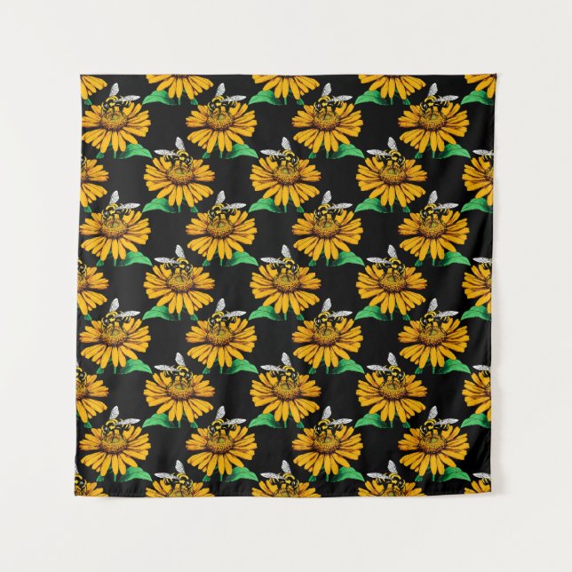 Bee on Sunflower Flower Pattern Design Black  Tapestry (Front)