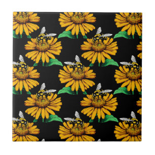 Bee on Sunflower Flower Pattern Design Black  Tile