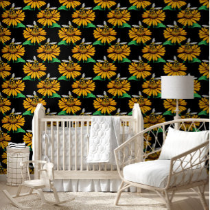 Bee on Sunflower Flower Pattern Design Black Wallpaper