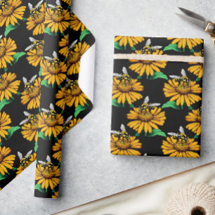 Bee on Sunflower Flower Pattern Design Black  Wrapping Paper