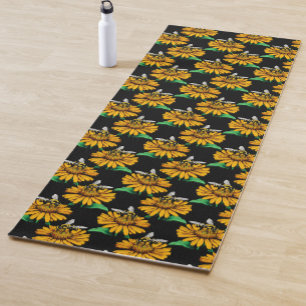 Bee on Sunflower Flower Pattern Design Black Yoga Mat