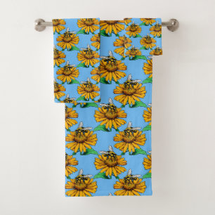 Bee on Sunflower Flower Pattern Design Blue  Bath Towel Set