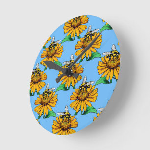 Bee on Sunflower Flower Pattern Design Blue Round Clock