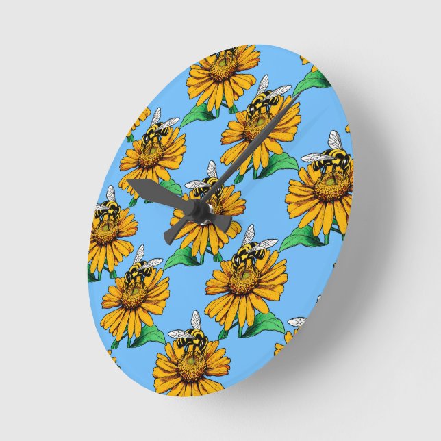 Bee on Sunflower Flower Pattern Design Blue  Round Clock (Angle)