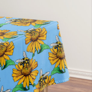 Bee on Sunflower Flower Pattern Design Blue  Tablecloth