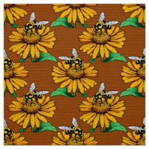 Bee on Sunflower Flower Pattern Design Brown  Fabric