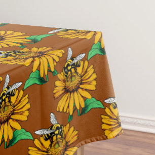 Bee on Sunflower Flower Pattern Design Brown  Tablecloth