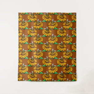 Bee on Sunflower Flower Pattern Design Brown Tapestry