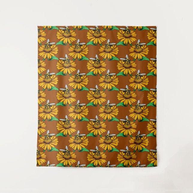 Bee on Sunflower Flower Pattern Design Brown  Tapestry (Front)