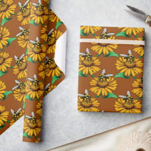 Bee on Sunflower Flower Pattern Design Brown  Wrapping Paper