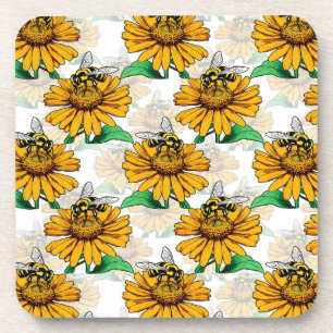 Bee on Sunflower Flower Pattern Design Coaster