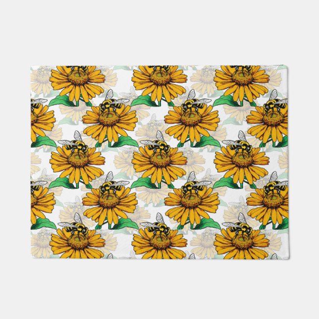 Bee on Sunflower Flower Pattern Design  Doormat (Front)