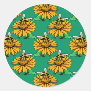 Bee on Sunflower Flower Pattern Design Green Classic Round Sticker