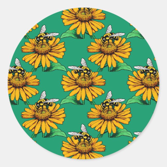Bee on Sunflower Flower Pattern Design Green  Classic Round Sticker (Front)