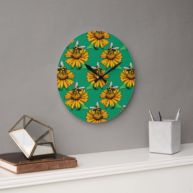 Bee on Sunflower Flower Pattern Design Green  Large Clock (Office)