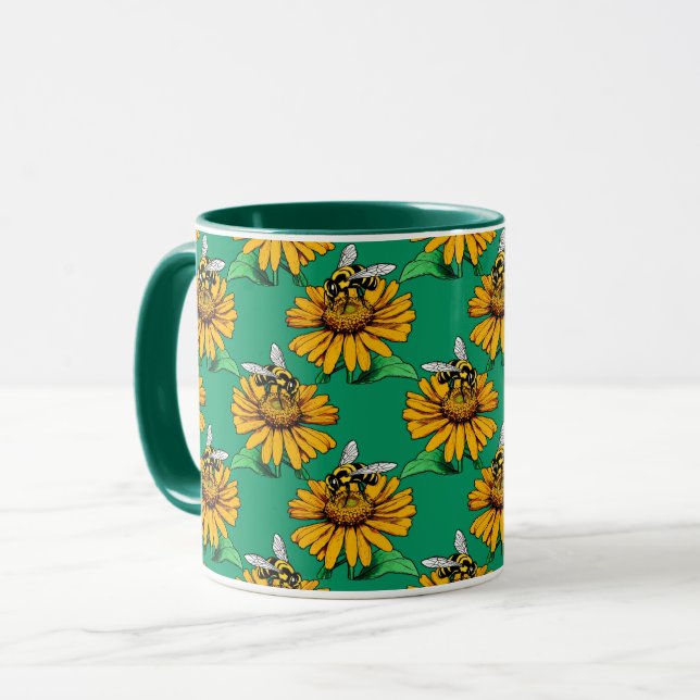 Bee on Sunflower Flower Pattern Design Green  Mug (Front Left)