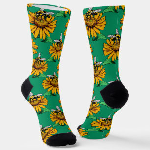 Bee on Sunflower Flower Pattern Design Green  Socks